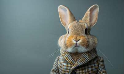 An elegant rabbit wearing a wool coat to protect itself in winter.