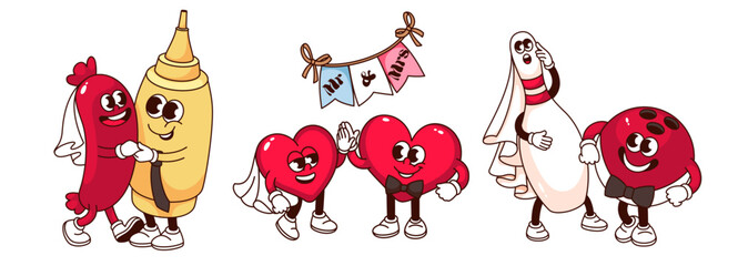 Groovy love couples cartoon characters set. Funny retro sausage and mustard bottle, bowling pin and ball, red hearts couple mascots. Cartoon marriage stickers of 70s 80s style vector illustration
