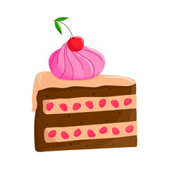 A piace of Cake with cherry, cute cartoon cake on white background, vector illustration