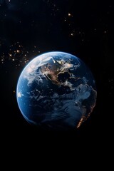 Realistic photo of an Earth from space, beautiful glow, blue planet, black background