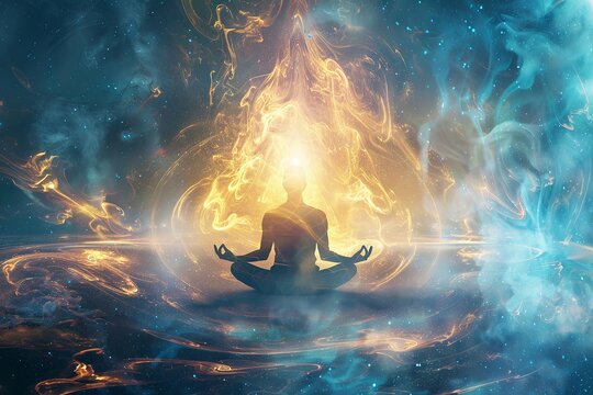 A serene individual meditates surrounded by celestial flames and cosmic nebula, symbolizing inner peace and universal connection. Generative AI