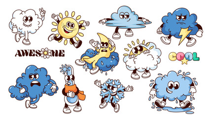 Groovy cartoon weather characters and stickers set. Funny retro walking sun and cloud, running snowflake. Weather forecast and meteorology mascot, cartoon stickers of 70s 80s style vector illustration - obrazy, fototapety, plakaty