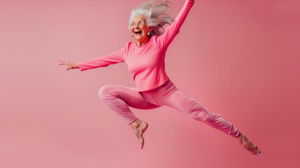 Сheerful elderly woman in yoga suit jumping in the air