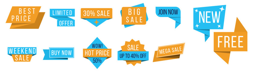 Set of stickers with the inscription sale. Vector flat illustrations. Advertising or promotion. Shopping concept. Promotional price mega sale, shop now, special discount, big sale, limited time, last 