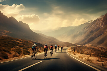 Obraz premium a group of people riding bikes on a road with mountains in the background