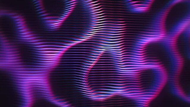 Blurred wave motion of dotted digital surface on black background. Abstract concept of wave technology, data science and digital sound wave equalizer. 4K loop motion of purple 3D soundwaves