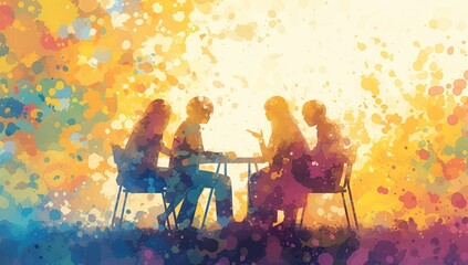 4 people sitting and talking - obrazy, fototapety, plakaty