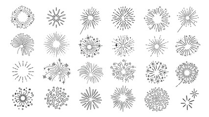 Fireworks explosion of round shape line icon set. Black outline fireworks burst with fire, stars and radial light rays, starburst monochrome icon, entertainment elements collection vector illustration