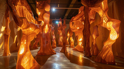 Amber-colored spotlights highlighting twisted sculptures in a cryptic exhibit hall.