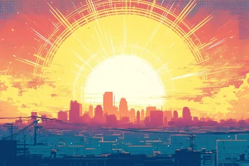 Gordijnen A comic book panel of the sun rising over an urban cityscape © Photo And Art Panda