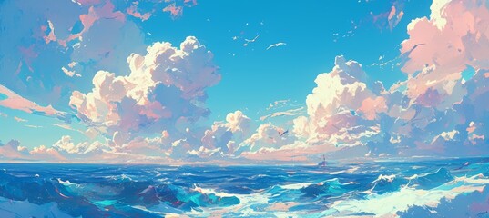 A fantasy painting of pink clouds swirling in the sky, with waves on the sea below, soft light, pastel colors, highly detailed, digital art, concept art,