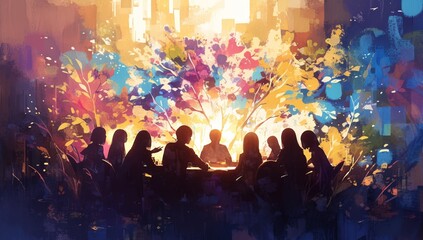 A group of people are sitting together, having an animated discussion with a colorful watercolor background. 