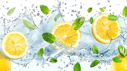 Lemon water splash isolated on a white transparent background, png. Lemon fruit slice, leaves and water splash. Generative Ai