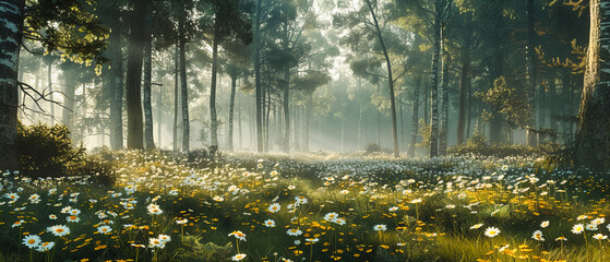 Enchanted Forest Awakening: Spring Flowers Emerge Amidst Trees, Illuminated by the First Light of Dawns Misty Embrace