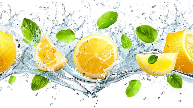 Lemon water splash isolated on a white transparent background, png. Lemon fruit slice, leaves and water splash. Generative Ai