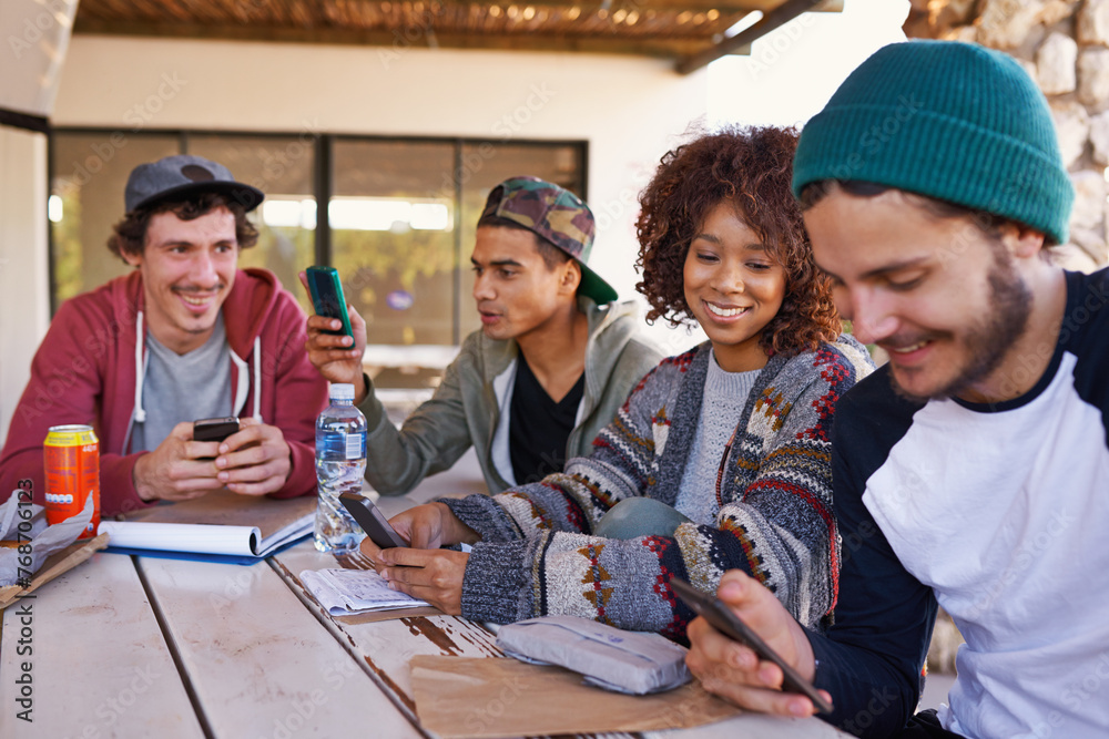 Poster diverse students, gen z and social media for university project using smartphone for research, netwo