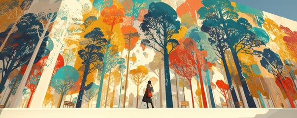 a large abstract mural painted by an artist, depicting tall and thin trees in the style of fluid organic shapes, a woman walking down stairs