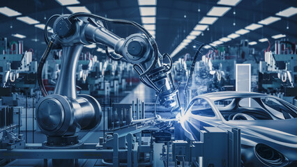  The robot, with its sleek, metallic design, is performing precision welding tasks on automotive components