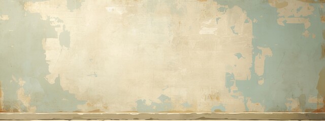 A large, empty wall with an abstract painted background in light blue and beige tones. 