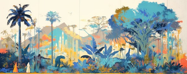 A large wall mural painted by the artist, abstract landscape with tall trees and mountains, with women in dresses walking through an ancient city, in bright colors of turquoise