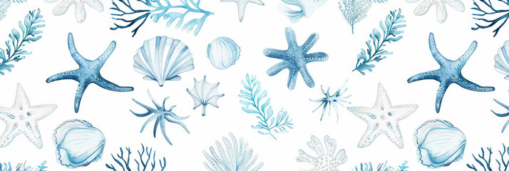Watercolor blue and white aesthetic background with seashells and starfish. Generative AI - obrazy, fototapety, plakaty