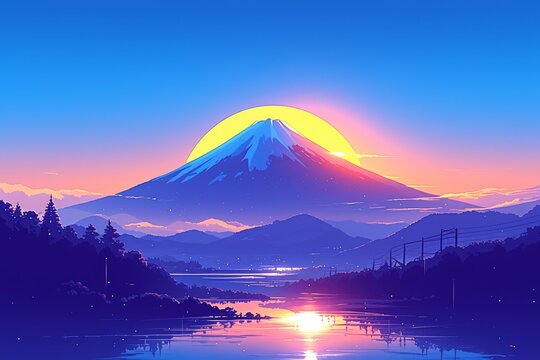 A minimalist flat illustration of Mount Fuji at sunrise, with a gradient sky and a simple background. 
