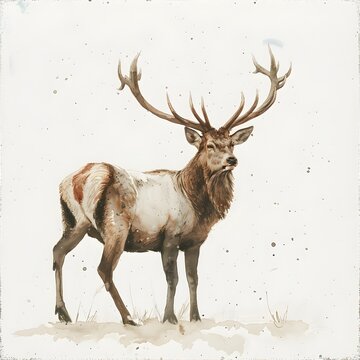 a majestic stag standing in a serene white expanse The deer's antlers reach skyward