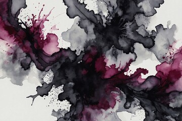 abstract watercolor purple and black color paint swirls on white background