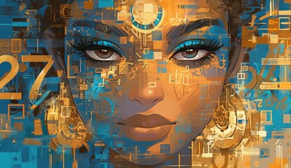 A painting of an Indian woman with the numbers "27" in her hair, surrounded by digital code and symbols, symbolizing artificial intelligence. 