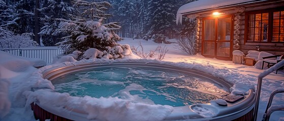 Winter wellness bathing spa with a hot tub.