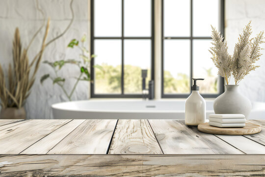 Blank white wooden countertop for displaying bathroom products