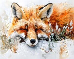 Fototapeta premium A captivating watercolor painting depicting a curious and lively fox nestled within a serene autumnal woodland setting