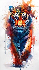 a powerful tiger emerging from a dynamic explosion of vibrant watercolor splashes and abstract textures