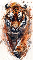 a powerful tiger with its intense gaze and fierce expression The tiger's vibrant orange and black stripes seem