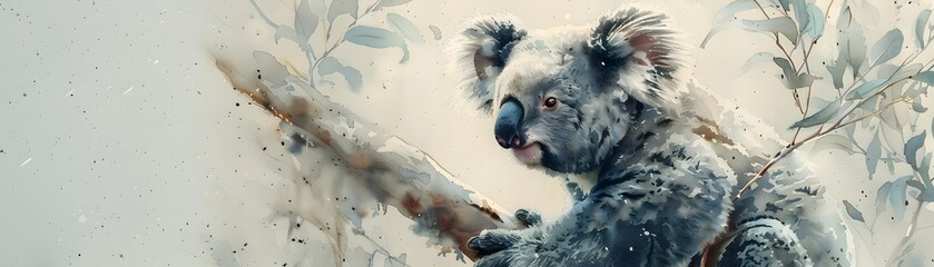 Serene Watercolor Koala Perched Calmly Amidst Leafy Branches