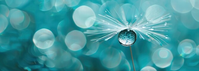 Macro view of a water droplet on a dandelion seed - obrazy, fototapety, plakaty
