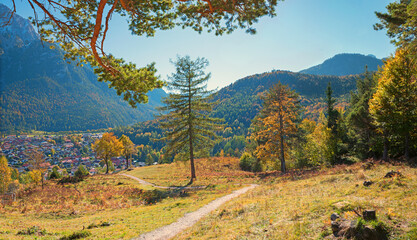 lookout place above tourist resort Mittenwald, stunning autumnal landscape