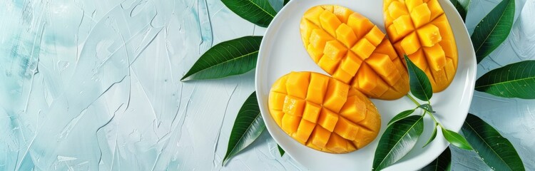 Sliced fresh mango on a white plate with leaves against a light blue background.