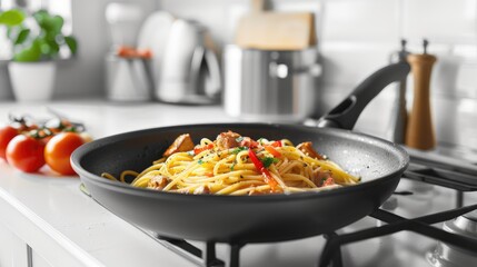 pan filled with pasta topped with meat, presented against a high-quality, photorealistic backdrop of a white kitchen, offering ample empty space for text overlay.