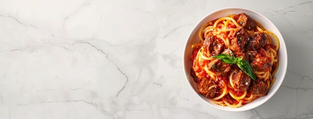 pan filled with pasta topped with meat, presented against a high-quality, photorealistic backdrop of a white kitchen, offering ample empty space for text overlay.