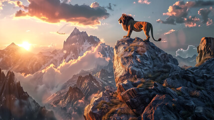 Majestic Chimera perched atop a craggy mountain peak, sunrise in - obrazy, fototapety, plakaty