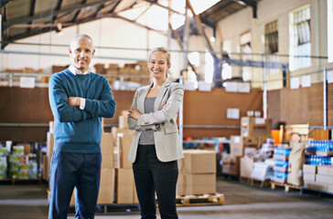 Boxes, portrait and business people in factory together with package, logistics or distribution....
