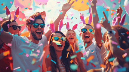 This is happy easter party will be placed on stock catalogues. Describe this image in 150 - 200 characters using popular image search terms. Use catchy titles and effective keywords. - obrazy, fototapety, plakaty