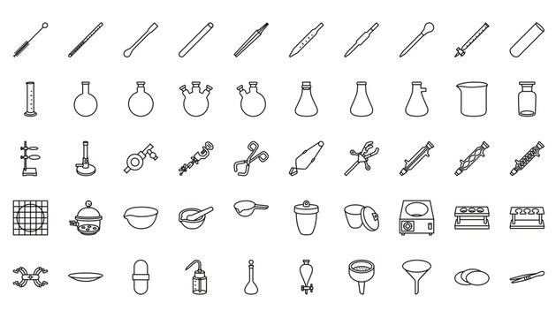 Set of laboratory equipment line icons.