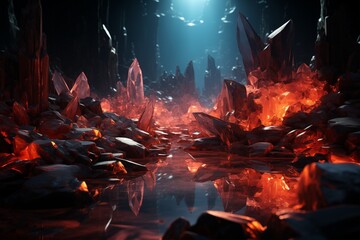 Mystical Glowing Red Crystal Cave Landscape
 - obrazy, fototapety, plakaty