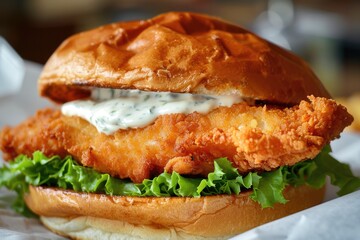 Crispy Fried Fish Sandwich with Tartar Sauce. A Delicious Meal with Lettuce and Bun