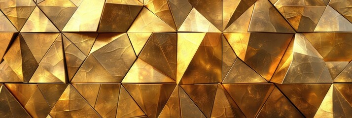 Gold Mosaic Tile Texture. Abstract Geometric Fluted Triangles of Metallic Gold Background. Triangular Banner Design - obrazy, fototapety, plakaty