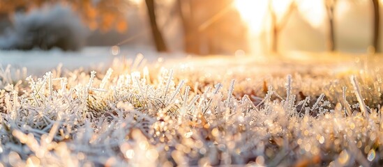 This close-up shot showcases a blade of grass covered in delicate ice crystals, glistening with winter frost. The narrow depth of field creates a soft blur around the sharp, detailed focus on the