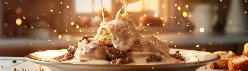 Biscuits Smothered in Gravy on Plate with Golden Sparks in Cozy Restaurant Setting - obrazy, fototapety, plakaty