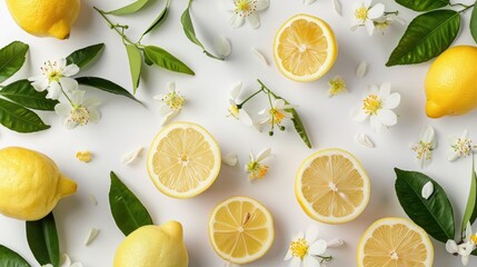 a fresh lemon and delicate jasmine flowers, scene set against a pristine white background with ample empty space for text placement.